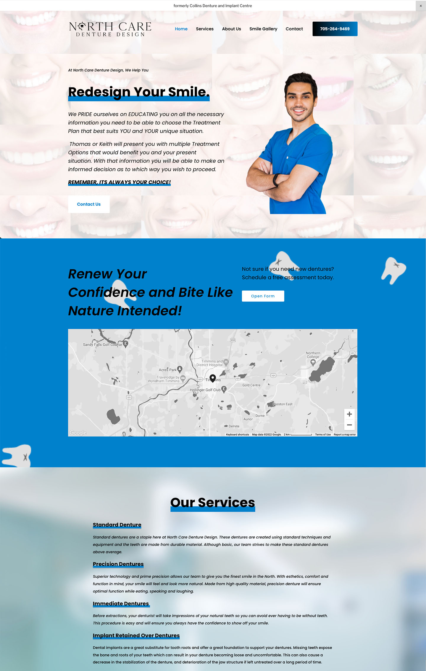 Whissel Strategies A dental clinic website homepage by Whissel Strategies features a smiling dentist, service info, a contact button, map location, and a list of dental services on a blue and white background. Toronto Digital Marketing Agency