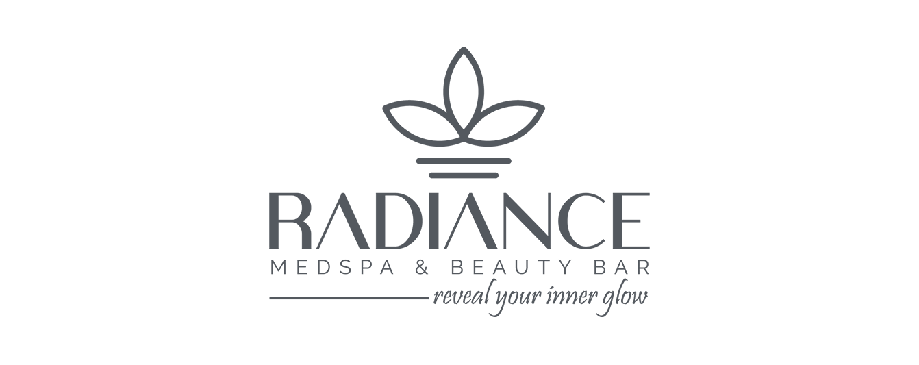 Whissel Strategies Logo for "Radiance Medspa & Beauty Bar" featuring a stylized leaf design above the business name and the tagline "reveal your inner glow" in cursive, created in collaboration with Toronto Marketing Agency. Toronto Digital Marketing Agency