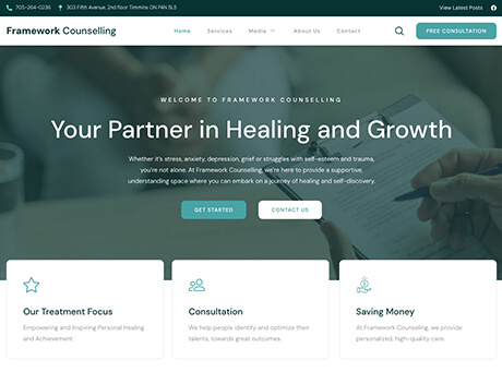Whissel Strategies A website homepage for Framework Counselling, designed by a leading Toronto Marketing Agency, featuring a header, navigation menu, main banner with tagline, and three service descriptions: treatment focus, consultation, and saving money. Toronto Digital Marketing Agency