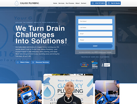 Whissel Strategies Screenshot of a plumbing company website, crafted by Whissel Strategies, with a headline stating "We Turn Drain Challenges Into Solutions!" and a contact form requesting name, phone, email, and message. Toronto Digital Marketing Agency