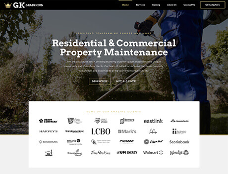 Whissel Strategies Website homepage for GK Grass King, crafted by Whissel Strategies, featuring residential and commercial property maintenance services with a background image of a worker and logos of partnered brands below. Toronto Digital Marketing Agency
