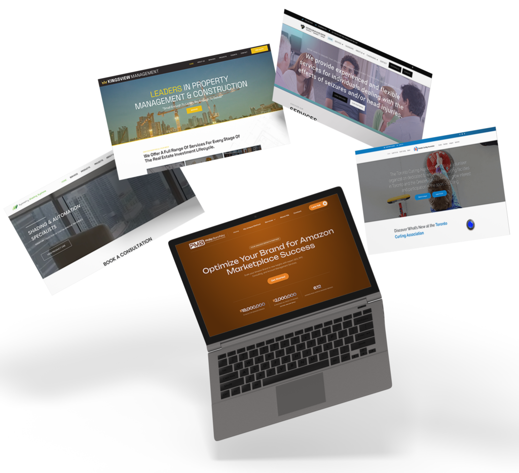 Whissel Strategies A laptop with five different website homepages displayed above it, each showcasing various business and service offerings by Web Design Agency Whissel Strategies. Toronto Digital Marketing Agency