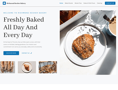 Whissel Strategies Website homepage for Richmond Kosher Bakery, crafted by a leading Toronto Marketing Agency, features a pastry on a plate, coffee, and inviting text promoting freshly baked goods made daily. Toronto Digital Marketing Agency