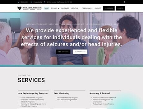 Whissel Strategies Website homepage showing a group of people in discussion, with text offering services for individuals affected by seizures or head injuries. Designed by Whissel Strategies, a leading Web Design Agency. Toronto Digital Marketing Agency