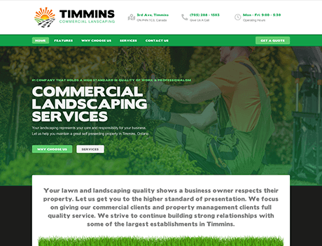 Whissel Strategies Screenshot of a commercial landscaping company's website homepage, designed by a leading Web Design Agency, featuring service information, contact details, business hours, and a section describing their landscaping services. Toronto Digital Marketing Agency