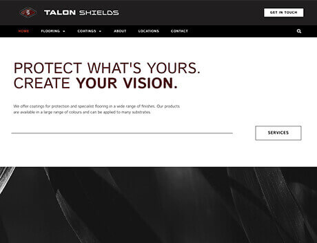 Whissel Strategies Screenshot of Talon Shields website homepage featuring the slogan "Protect What's Yours. Create Your Vision." with navigation links and a "Get in Touch" button, showcasing their expertise as a Toronto Marketing Agency. Toronto Digital Marketing Agency