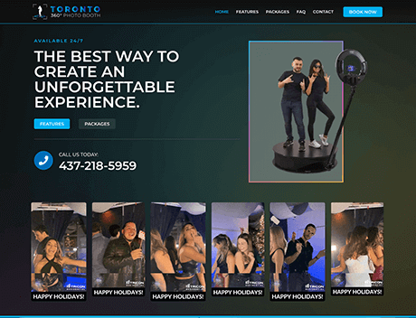 Whissel Strategies Screenshot of a website for Toronto 360° Photo Booth, crafted by Whissel Strategies—a leading Toronto marketing agency—featuring a rotating booth image, contact number, and holiday event photos at the bottom. Toronto Digital Marketing Agency