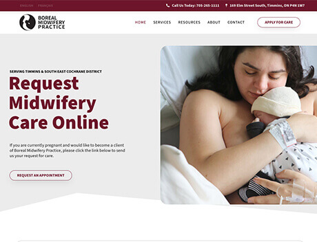 Whissel Strategies A woman breastfeeds her baby in bed; a website overlay, designed by Whissel Strategies, promotes requesting midwifery care online at Boreal Midwifery Practice. Toronto Digital Marketing Agency