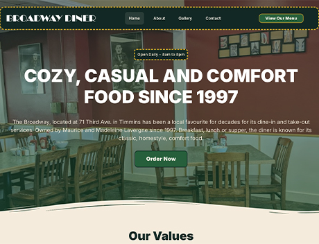 Whissel Strategies Broadway Diner website homepage, crafted by leading Web Design Agency Whissel Strategies, displays a cozy dining area with wooden tables and chairs, and text highlighting comfort food since 1997. Toronto Digital Marketing Agency