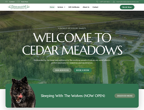 Whissel Strategies Aerial view of Cedar Meadows resort with overlaid text welcoming visitors, featuring options to book a room or explore the "Sleeping With The Wolves" experience, crafted in partnership with Toronto Marketing Agency Whissel Strategies. Toronto Digital Marketing Agency