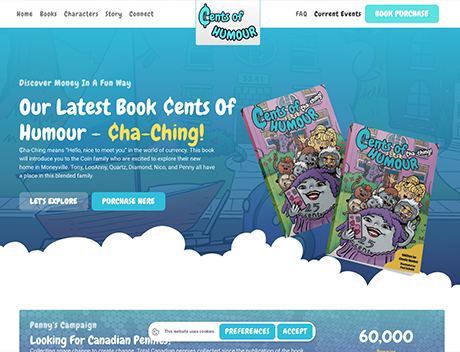 Whissel Strategies Homepage of the "Cents of Humour" website, designed by Toronto Marketing Agency Whissel Strategies, featuring two illustrated children's books with colorful covers and a blue and white themed layout. Toronto Digital Marketing Agency