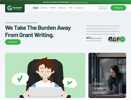 Whissel Strategies Screenshot of a grant writing agency website by Whissel Strategies, a Web Design Agency. Features a headline, cartoon person at a laptop, and photo of two people working together, all in a green and white color scheme. Toronto Digital Marketing Agency