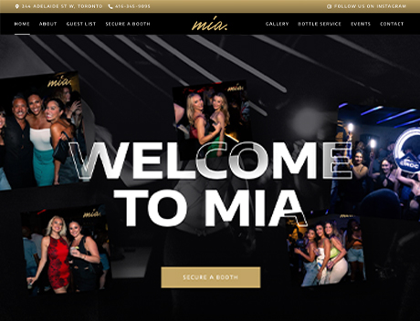 Whissel Strategies Nightclub website homepage with overlay text "Welcome to Mia," designed by Toronto Marketing Agency, showing groups of people posing and socializing in a dimly lit club environment. Toronto Digital Marketing Agency