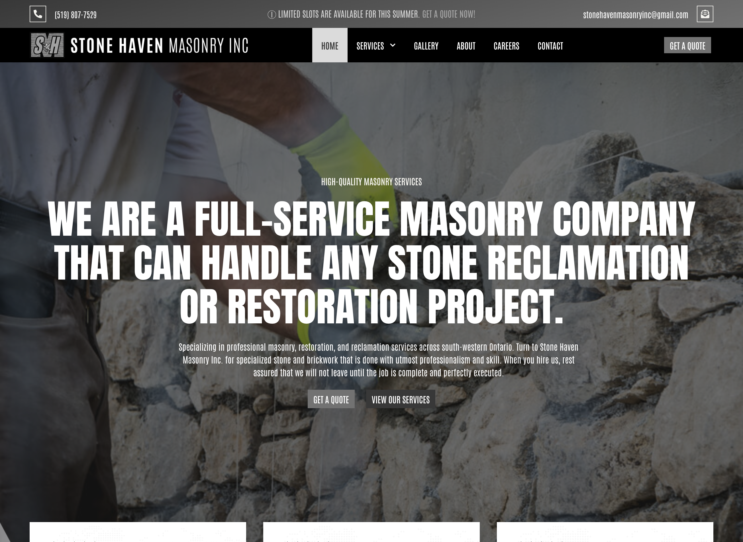 Whissel Strategies A person wearing a yellow glove works on a stone wall behind white bold text promoting full-service masonry and stone reclamation by Stone Haven Masonry Inc., a project showcased by Whissel Strategies, a leading Toronto Marketing Agency. Toronto Digital Marketing Agency