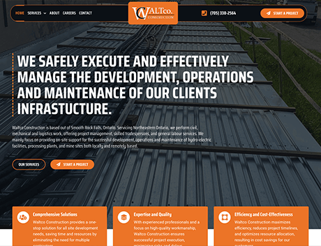 Whissel Strategies A website homepage for Waltco Construction, crafted by a top Toronto Marketing Agency, featuring a tagline about infrastructure management and orange navigation buttons over an image of stacked metal pipes. Toronto Digital Marketing Agency