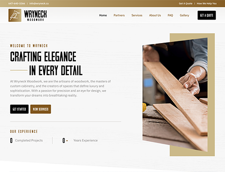 Whissel Strategies Screenshot of a woodworking website homepage featuring a hand inspecting wooden planks, with text promoting craftsmanship—crafted by Whissel Strategies, a leading Web Design Agency. Options to get started or view services are prominently displayed. Toronto Digital Marketing Agency