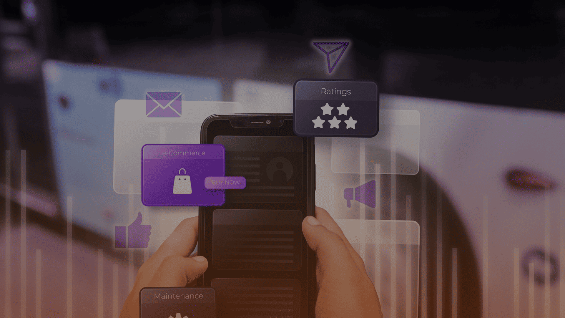 Whissel Strategies A person holds a smartphone with floating digital icons—e-commerce, ratings, messages, and notifications—symbolizing online shopping and mobile app interface. Perfect for showcasing a Toronto Marketing Agency or Web Design Agency like Whissel Strategies. Toronto Digital Marketing Agency