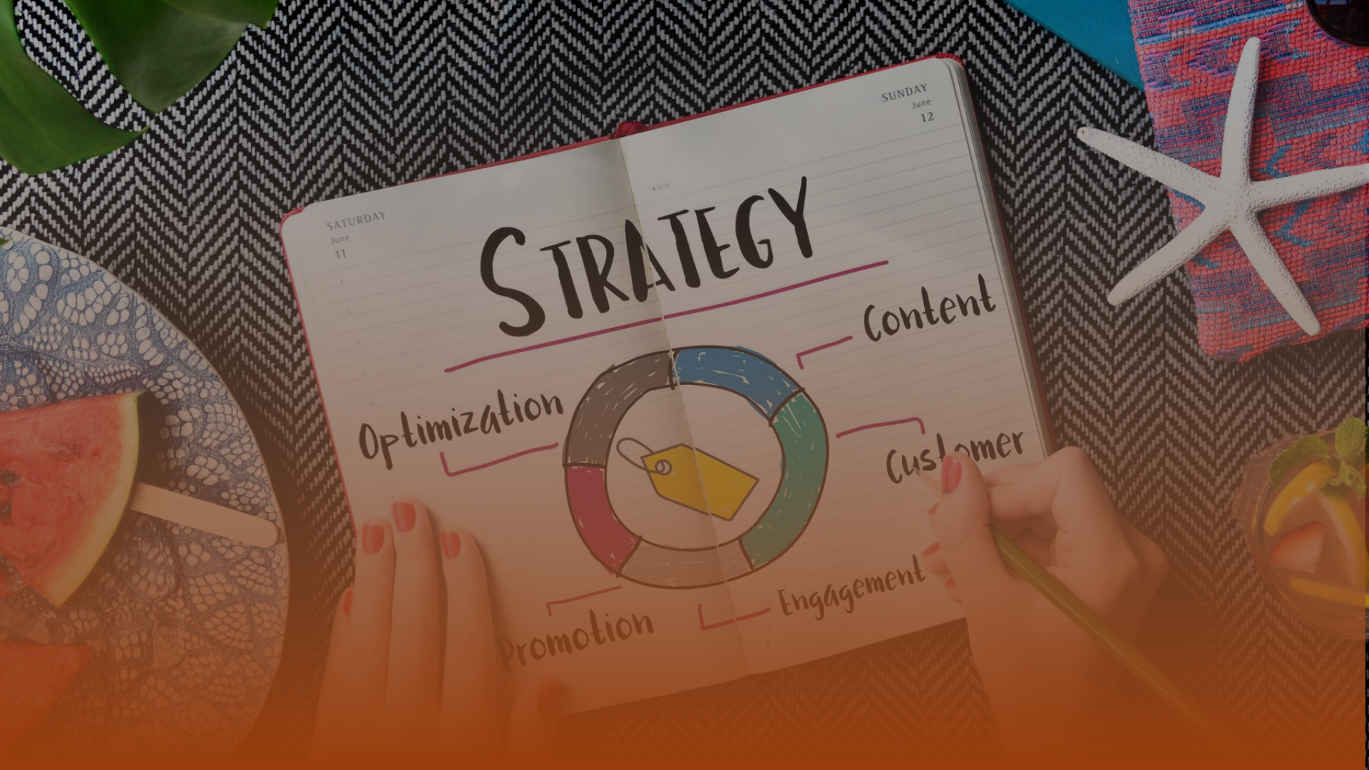 Whissel Strategies Open notebook with "Strategy" atop and a circular diagram labeled Optimization, Content, Customer, Engagement, and Promotion; hands holding pencil nearby—an approach often used by Toronto Marketing Agency Whissel Strategies. Toronto Digital Marketing Agency