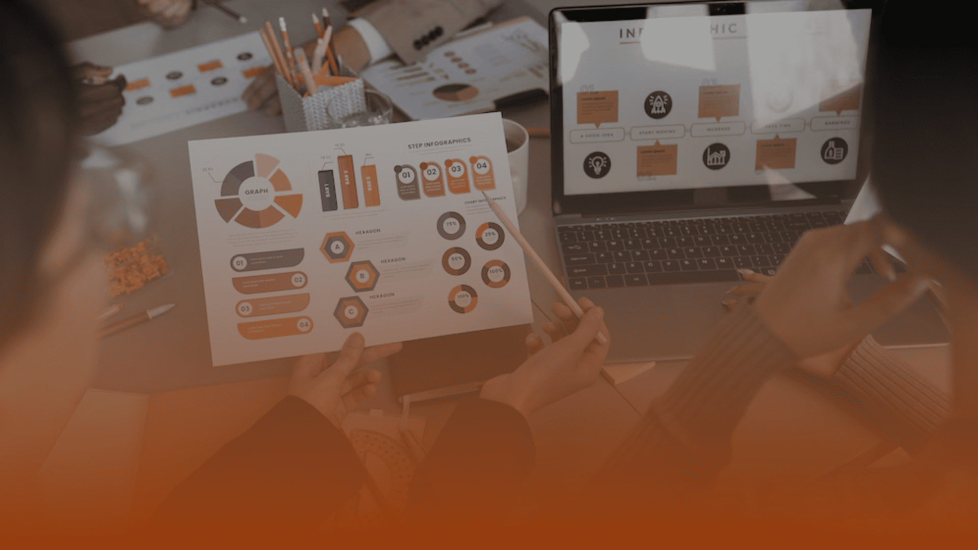 Whissel Strategies Two people review printed charts with graphs and infographics at a desk, while a laptop displays similar data in the background—illustrating the data-driven approach of Whissel Strategies, a leading Toronto Marketing Agency. Toronto Digital Marketing Agency