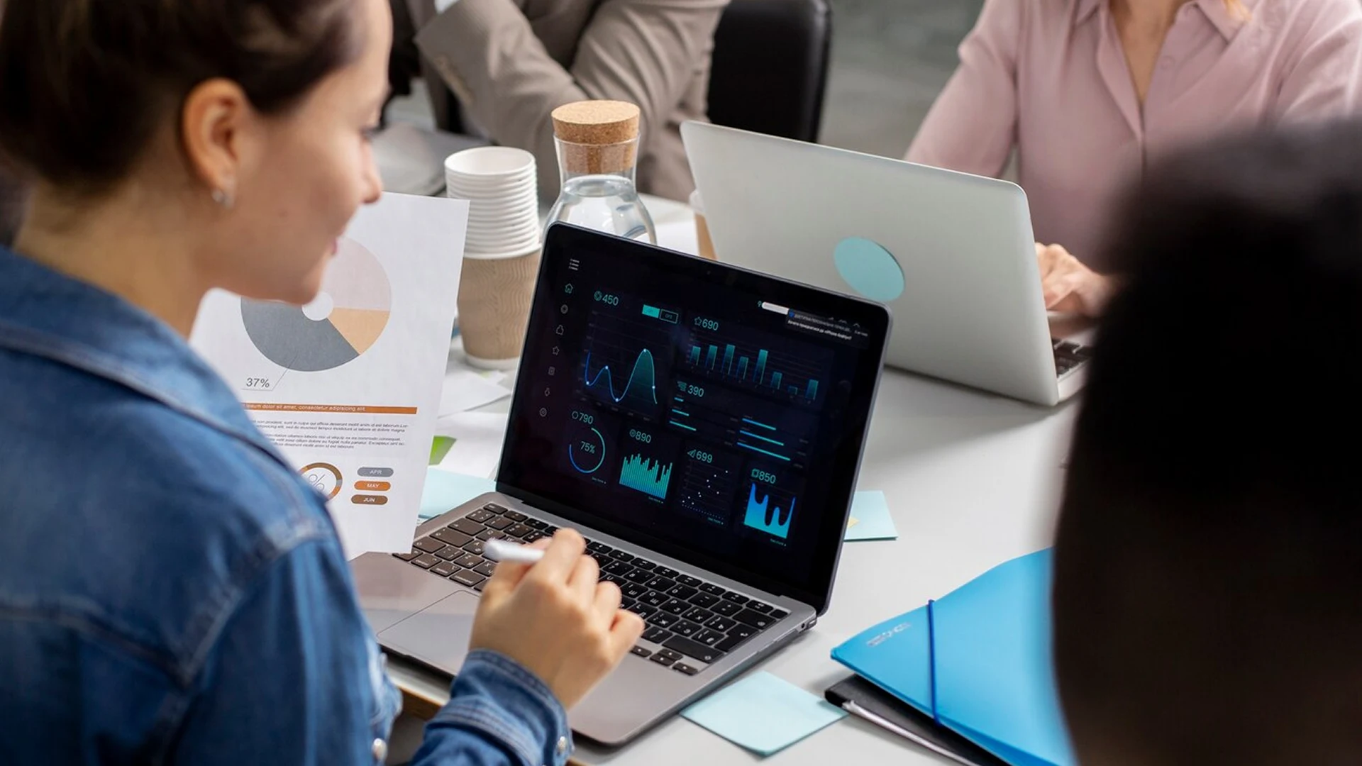Marketing team reviewing budget allocation and campaign performance analytics